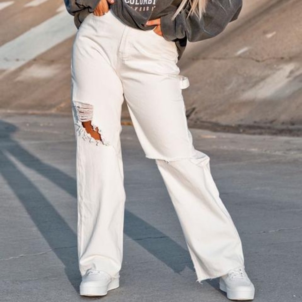 White Cargo Distressed Baggy Jeans